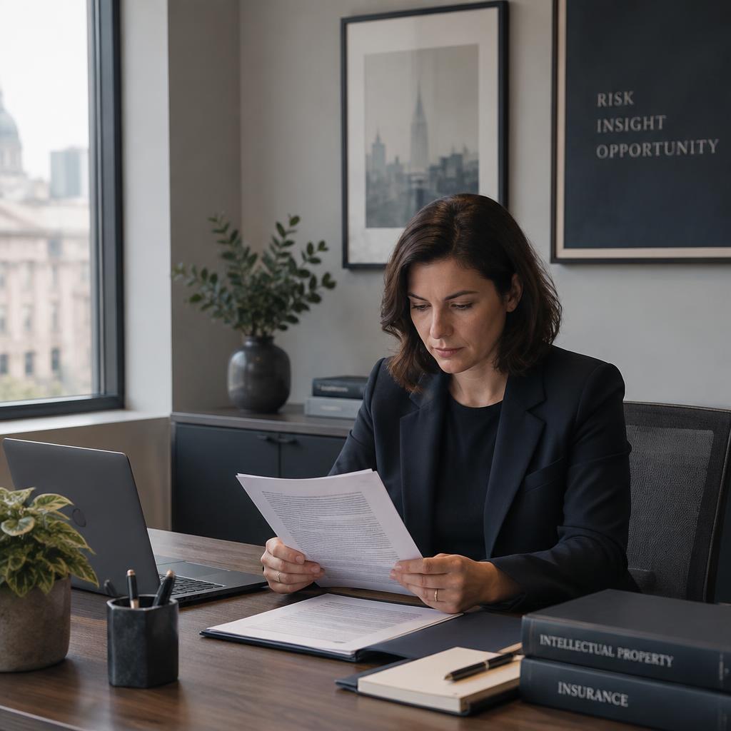 An underwriter reviewing intellectual property policy documents